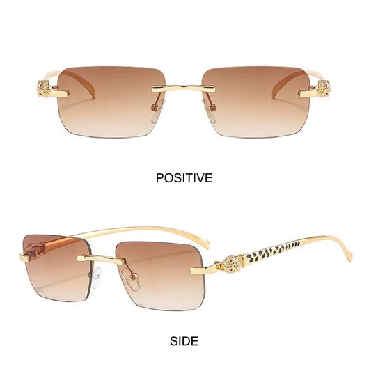 Gradient Leopard Head Decorated Sunglasses Rimless Rectangular Sun Glasses for Women Street Shooting Eyewear UV Protection