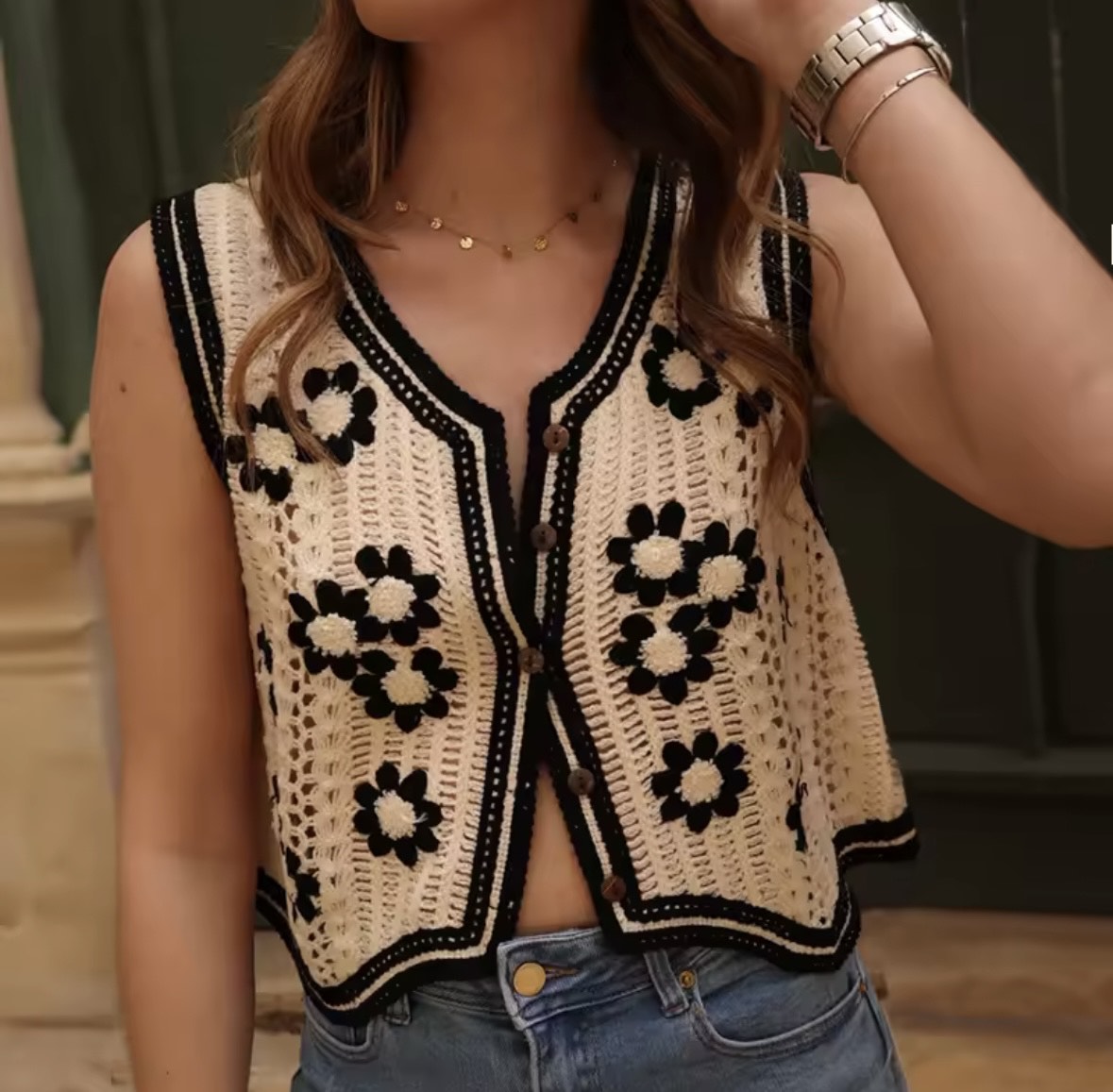 MINOA Women's See-Through Crochet Button Cardigan