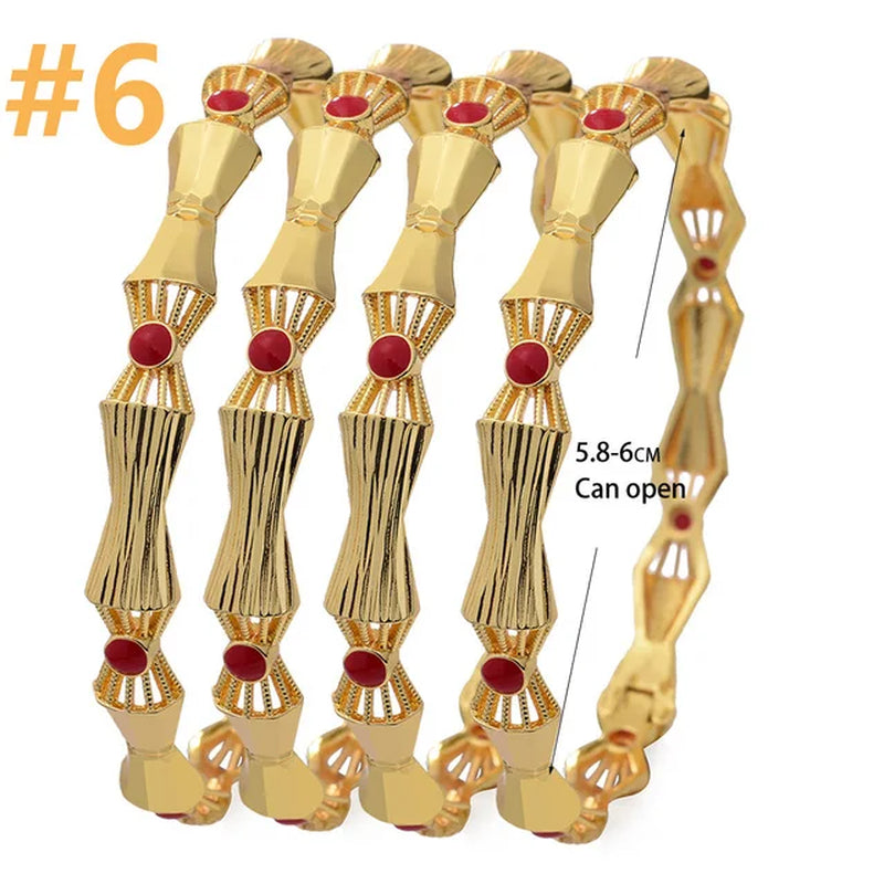 4Pcs/Lot Dubai Gold Color Plated Bracelet Flowers African Bridal Luck Bamboo Bangles for Women Wedding Jewelery Gifts