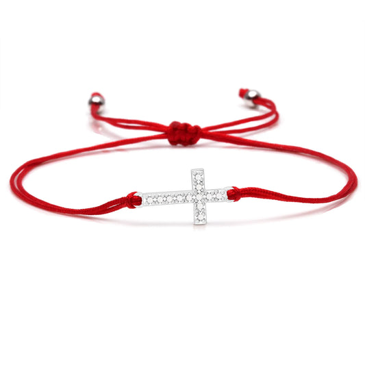 Small Cubic Zirconia Copper Cross Charm Bracelet Women Men Christian Faith Mini Brass Cross Red String Handmade Jewelry Present