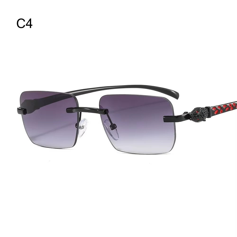 Gradient Leopard Head Decorated Sunglasses Rimless Rectangular Sun Glasses for Women Street Shooting Eyewear UV Protection