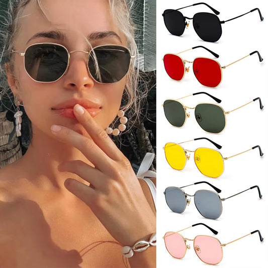 1Pc Small Square Sunglasses for Men Women Polygon Mirrored Lens Sun Glasses Driving Eyewear Fashion Metal Frame Glasses UV400