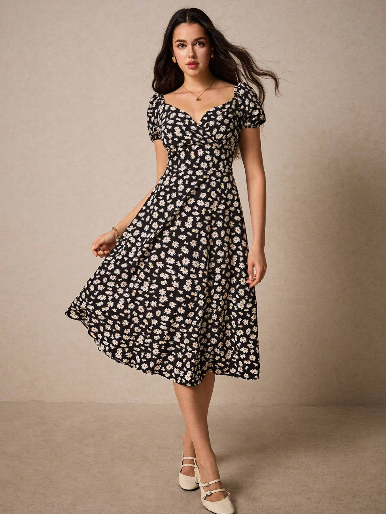 PoéSelle Allover Floral Print Sweetheart Neck Puff Sleeve Dress
