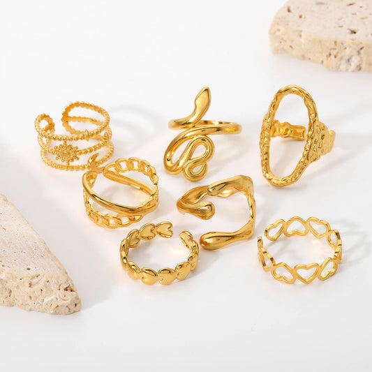 18K Gold Plated Stainless Steel Geometric Heart Snake Shape Finger Rings for Women Adjustable Open Design Jewelry Rings
