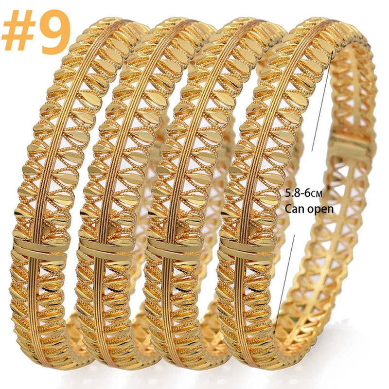 4Pcs/Lot Dubai Gold Color Plated Bracelet Flowers African Bridal Luck Bamboo Bangles for Women Wedding Jewelery Gifts