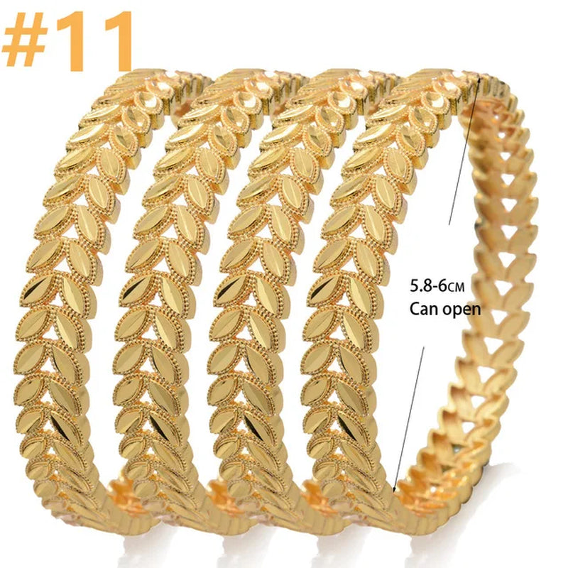 4Pcs/Lot Dubai Gold Color Plated Bracelet Flowers African Bridal Luck Bamboo Bangles for Women Wedding Jewelery Gifts