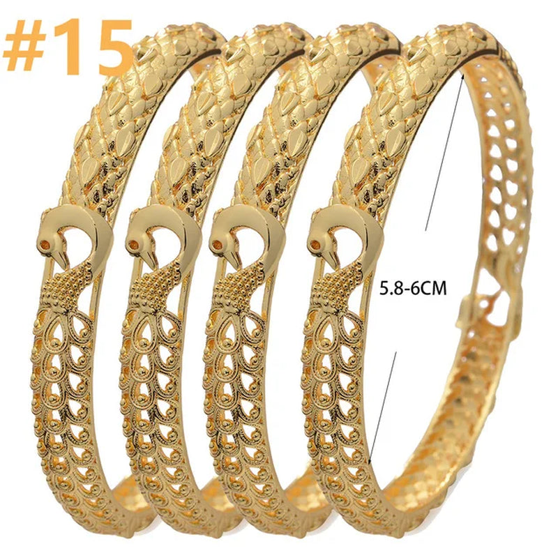4Pcs/Lot Dubai Gold Color Plated Bracelet Flowers African Bridal Luck Bamboo Bangles for Women Wedding Jewelery Gifts