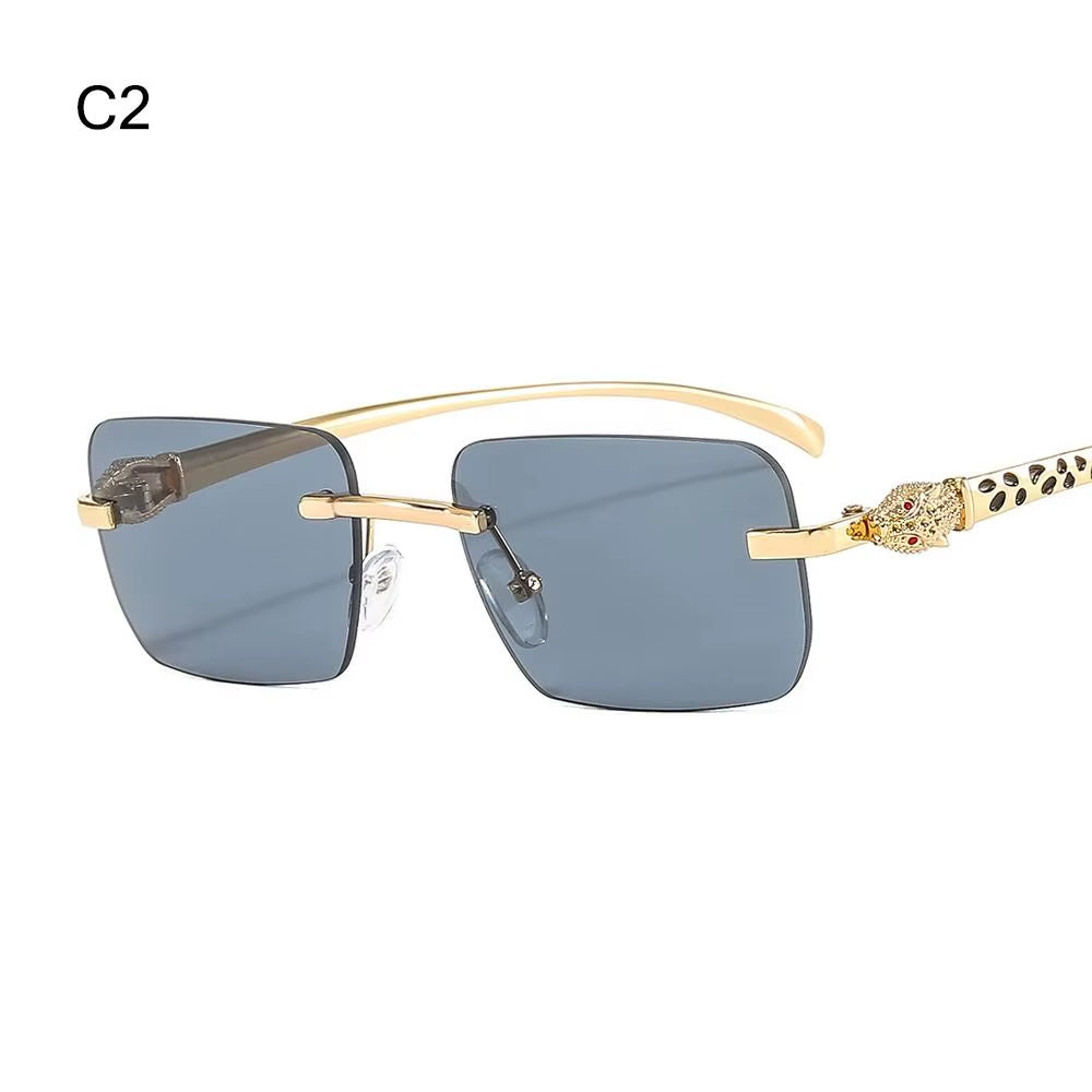 Gradient Leopard Head Decorated Sunglasses Rimless Rectangular Sun Glasses for Women Street Shooting Eyewear UV Protection