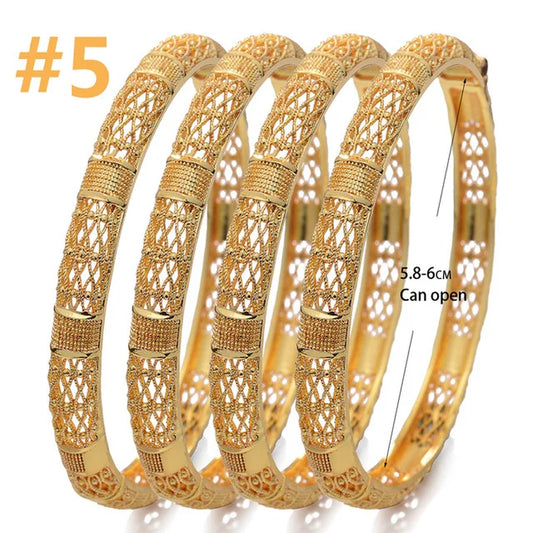 4Pcs/Lot Dubai Gold Color Plated Bracelet Flowers African Bridal Luck Bamboo Bangles for Women Wedding Jewelery Gifts