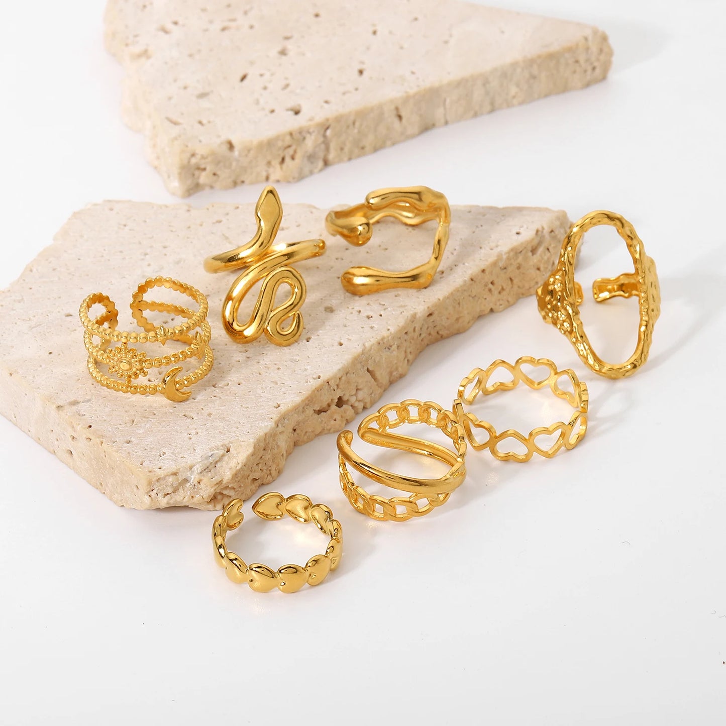 18K Gold Plated Stainless Steel Geometric Heart Snake Shape Finger Rings for Women Adjustable Open Design Jewelry Rings