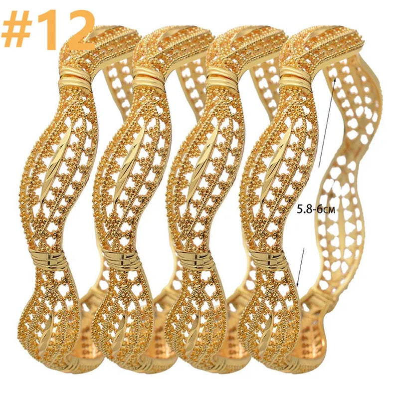 4Pcs/Lot Dubai Gold Color Plated Bracelet Flowers African Bridal Luck Bamboo Bangles for Women Wedding Jewelery Gifts