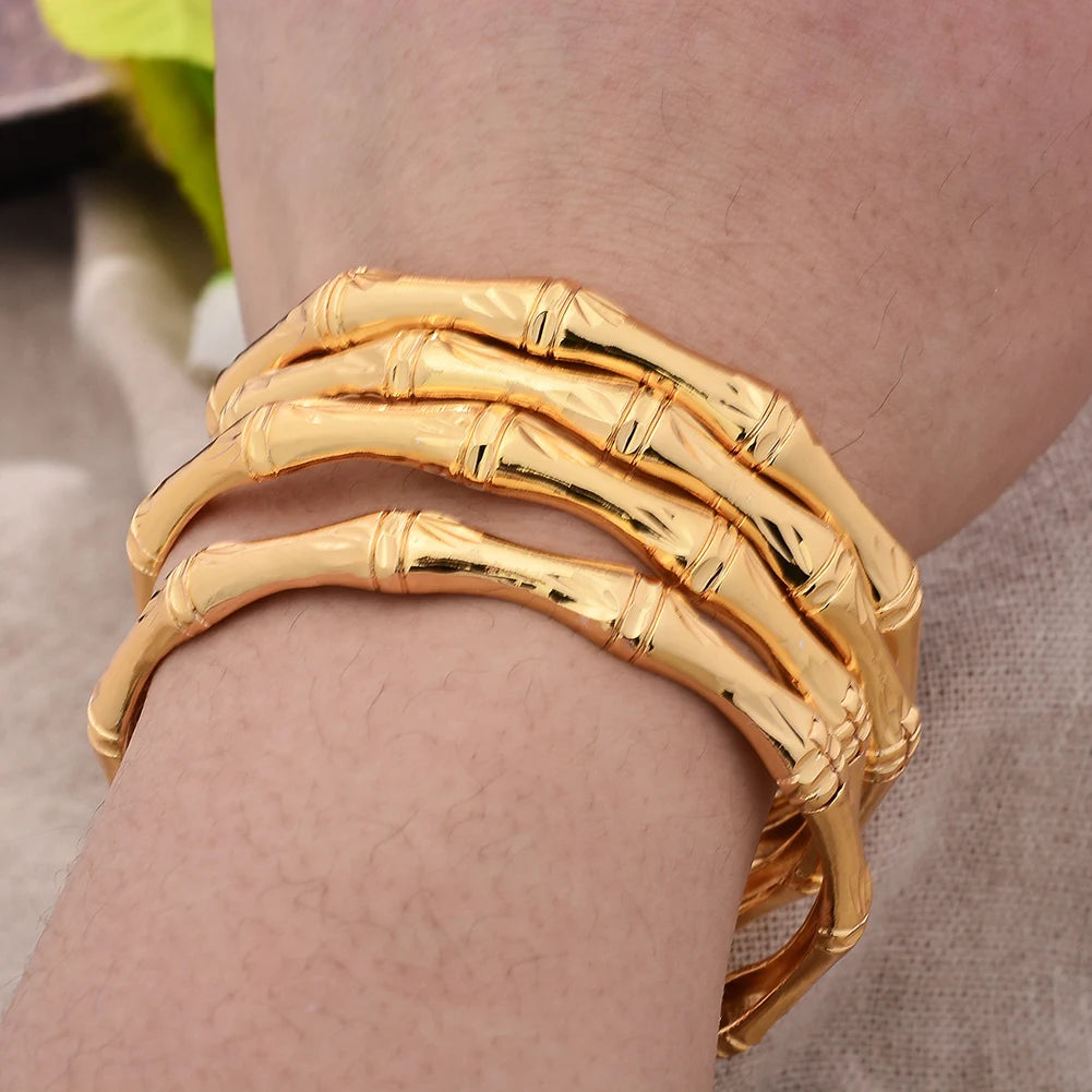 4Pcs/Lot Dubai Gold Color Plated Bracelet Flowers African Bridal Luck Bamboo Bangles for Women Wedding Jewelery Gifts