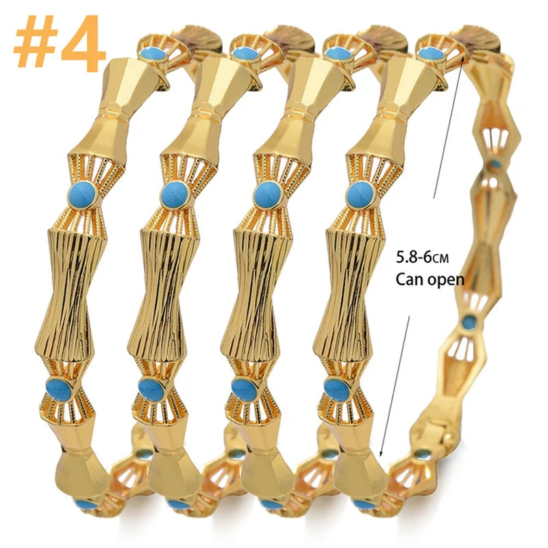 4Pcs/Lot Dubai Gold Color Plated Bracelet Flowers African Bridal Luck Bamboo Bangles for Women Wedding Jewelery Gifts