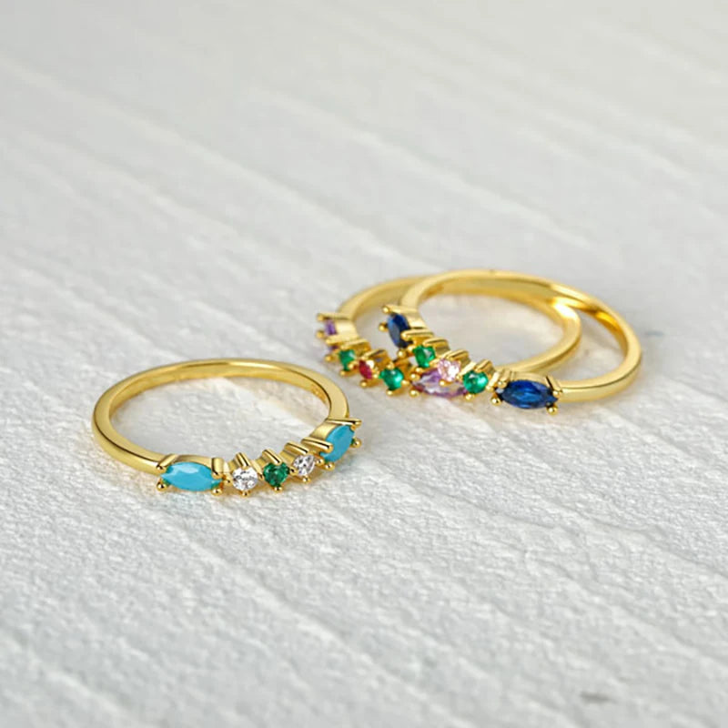 Sky Blue Turquoise Purple Zircon 925 Sterling Silver 18K Gold Plated Rings for Women Girls Fine Jewelry Anillos Gifts