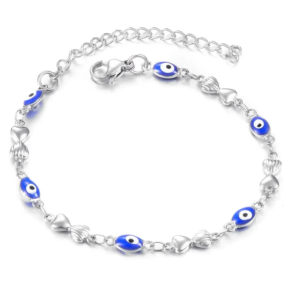 Silver Color Heart Bracelet Enamel Evil Eye Fashion Women Hand Chain with 3Mm Extender