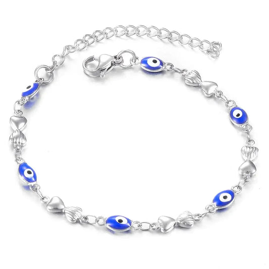 Silver Color Heart Bracelet Enamel Evil Eye Fashion Women Hand Chain with 3Mm Extender