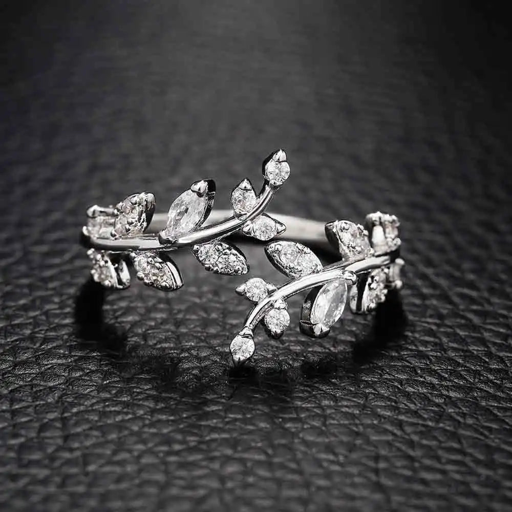 Fancy Leaf Design Adjustable Opening Rings for Women Sparkling Cubic Zirconia Olive Ring Party Daily Wear Fashion Jewelry