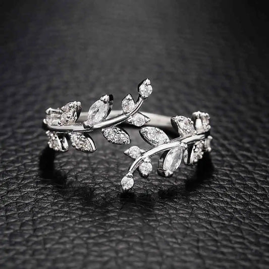 Fancy Leaf Design Adjustable Opening Rings for Women Sparkling Cubic Zirconia Olive Ring Party Daily Wear Fashion Jewelry