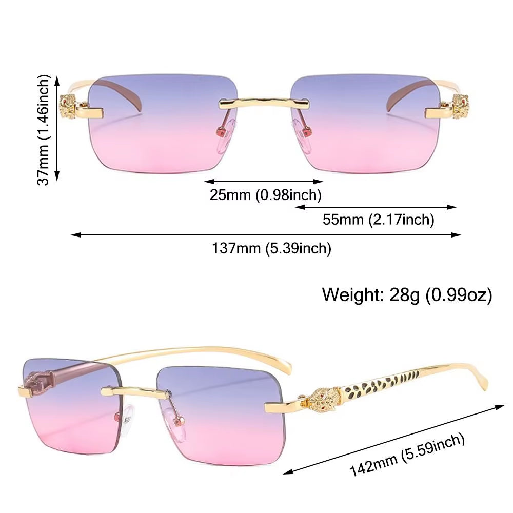 Gradient Leopard Head Decorated Sunglasses Rimless Rectangular Sun Glasses for Women Street Shooting Eyewear UV Protection