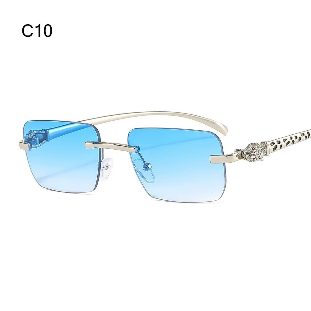Gradient Leopard Head Decorated Sunglasses Rimless Rectangular Sun Glasses for Women Street Shooting Eyewear UV Protection