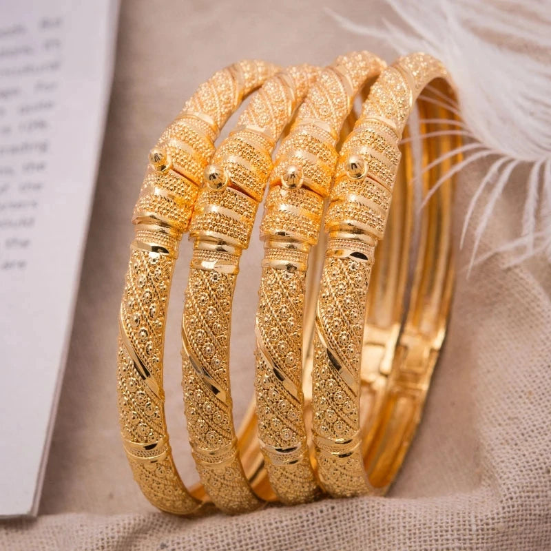4Pcs/Lot Dubai Gold Color Plated Bracelet Flowers African Bridal Luck Bamboo Bangles for Women Wedding Jewelery Gifts