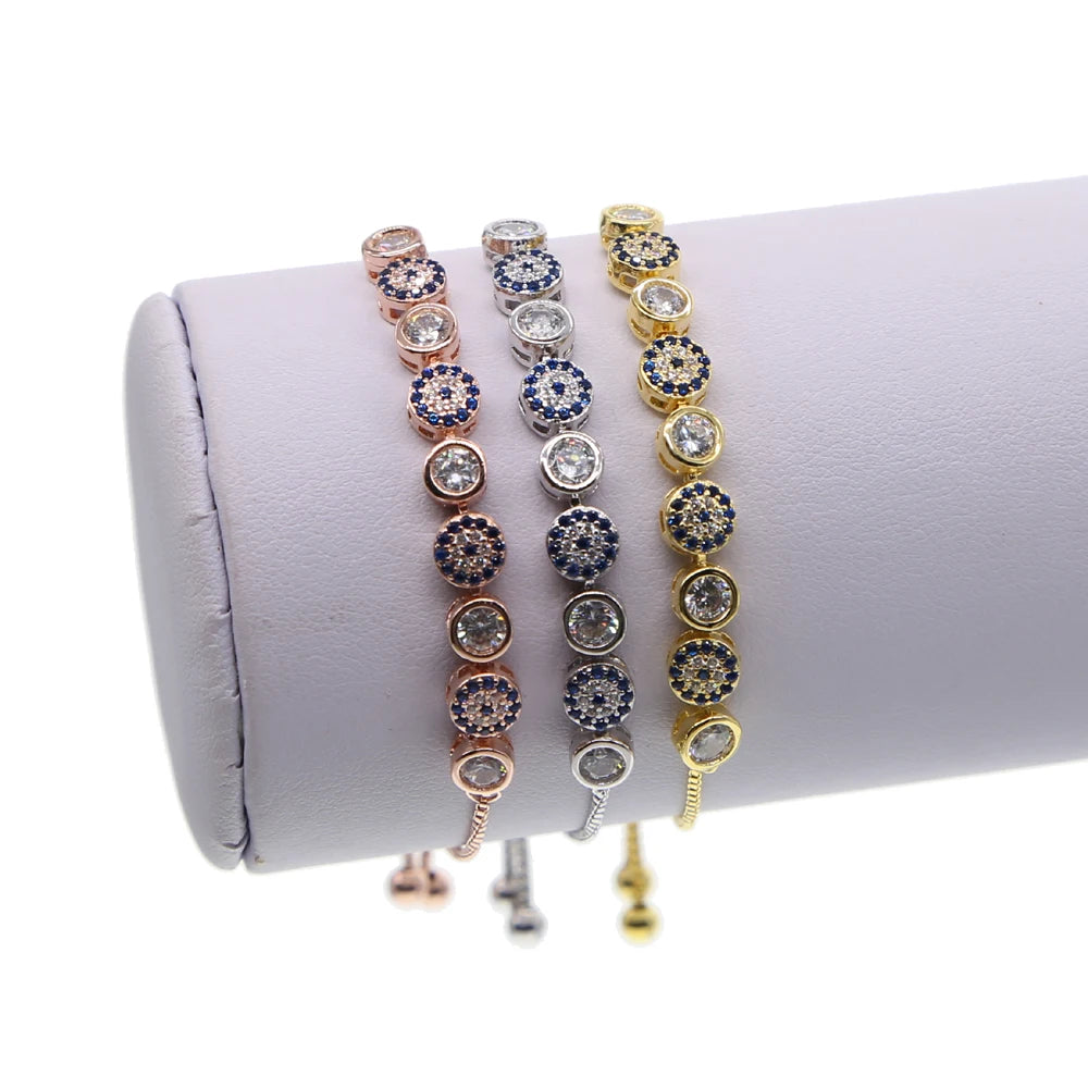 2025 New Mix 3 Color Gold Rose Silver Color 5Mm Sparking AAA+ Cz Evil Eye Link Chain Girl Women Turkish Jewelry Pave Cz Bracelet