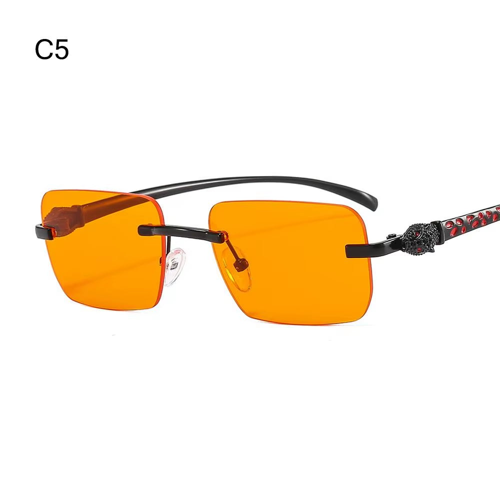 Gradient Leopard Head Decorated Sunglasses Rimless Rectangular Sun Glasses for Women Street Shooting Eyewear UV Protection