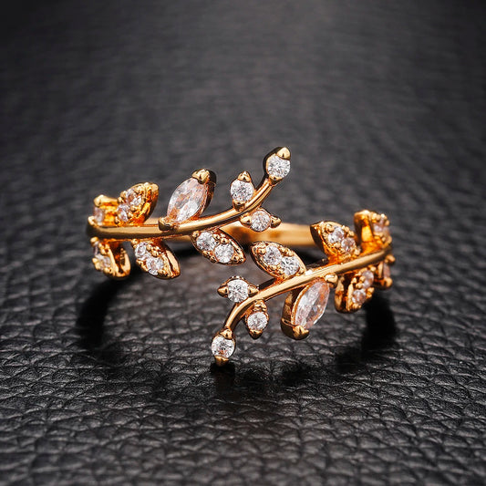 Fancy Leaf Design Adjustable Opening Rings for Women Sparkling Cubic Zirconia Olive Ring Party Daily Wear Fashion Jewelry