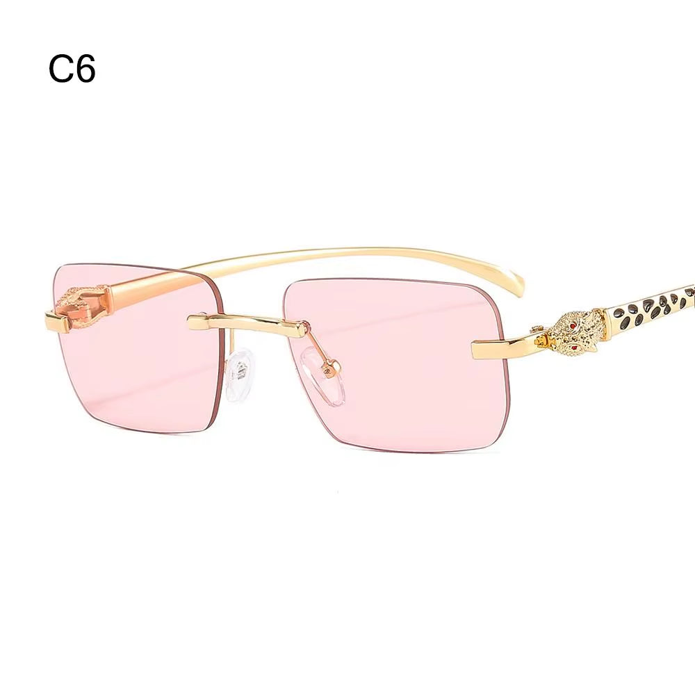 Gradient Leopard Head Decorated Sunglasses Rimless Rectangular Sun Glasses for Women Street Shooting Eyewear UV Protection