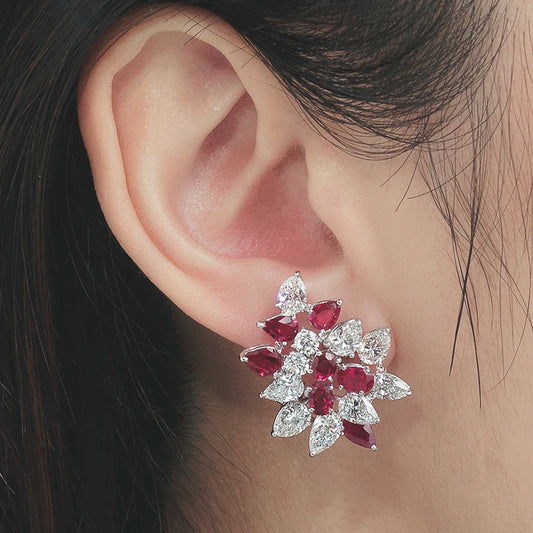 Sparkling Red Cubic Zirconia Stud Earrings for Women Temperament Elegant Female Engagement Wedding Earring Party Jewelry