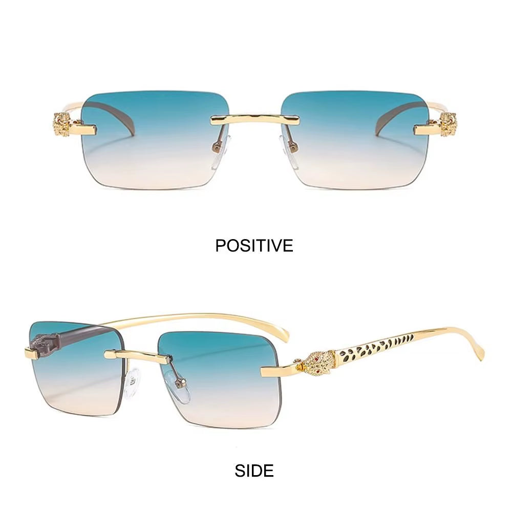 Gradient Leopard Head Decorated Sunglasses Rimless Rectangular Sun Glasses for Women Street Shooting Eyewear UV Protection