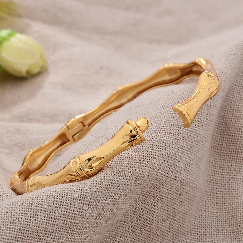 4Pcs/Lot Dubai Gold Color Plated Bracelet Flowers African Bridal Luck Bamboo Bangles for Women Wedding Jewelery Gifts