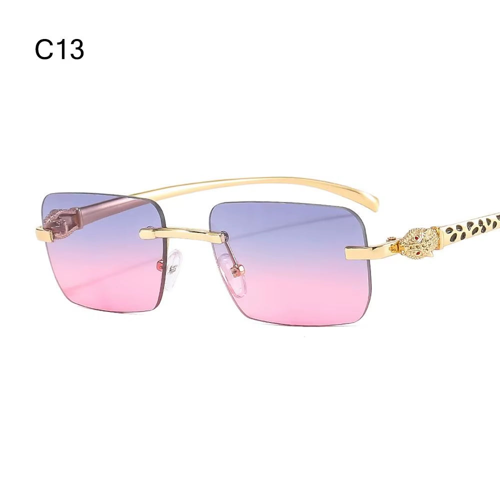 Gradient Leopard Head Decorated Sunglasses Rimless Rectangular Sun Glasses for Women Street Shooting Eyewear UV Protection