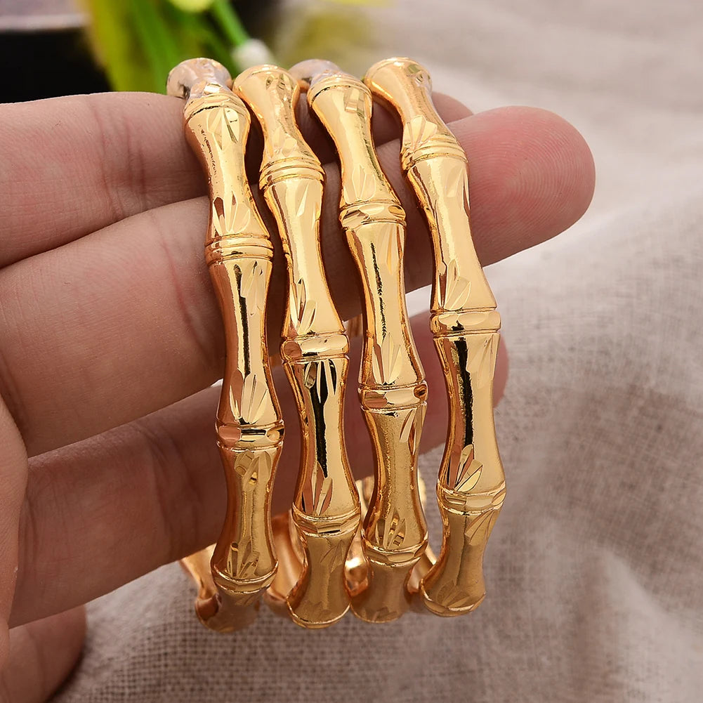 4Pcs/Lot Dubai Gold Color Plated Bracelet Flowers African Bridal Luck Bamboo Bangles for Women Wedding Jewelery Gifts