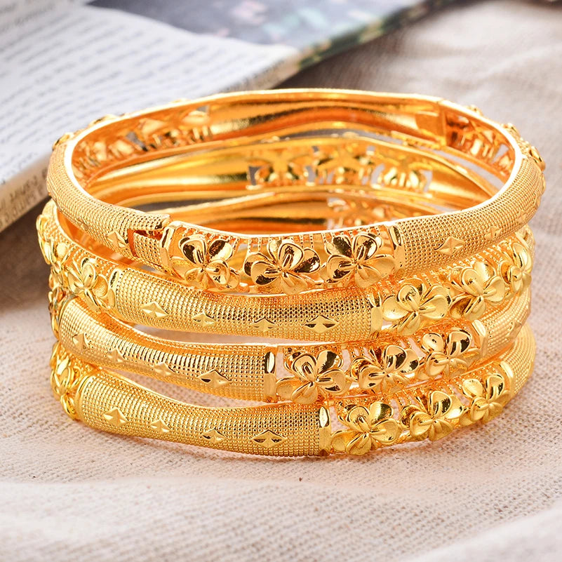 4Pcs/Lot Dubai Gold Color Plated Bracelet Flowers African Bridal Luck Bamboo Bangles for Women Wedding Jewelery Gifts