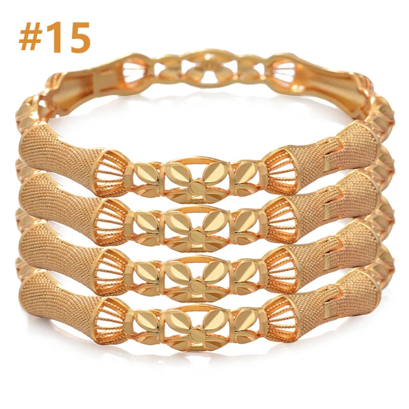 4Pcs/Lot Dubai Gold Color Plated Bracelet Flowers African Bridal Luck Bamboo Bangles for Women Wedding Jewelery Gifts