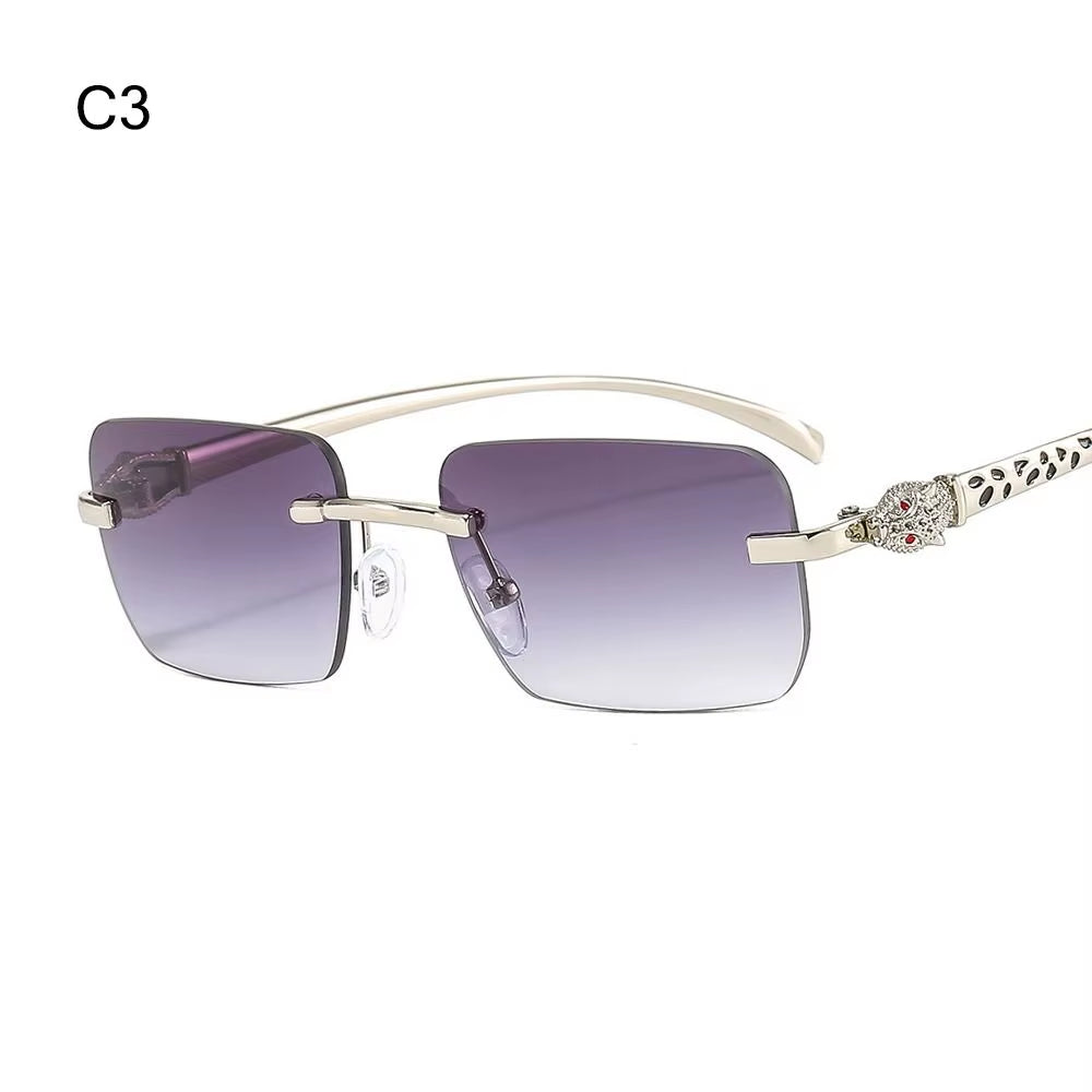 Gradient Leopard Head Decorated Sunglasses Rimless Rectangular Sun Glasses for Women Street Shooting Eyewear UV Protection