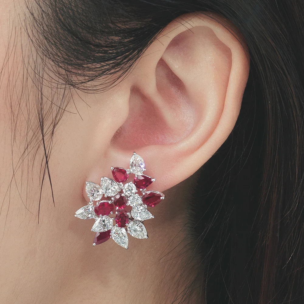 Sparkling Red Cubic Zirconia Stud Earrings for Women Temperament Elegant Female Engagement Wedding Earring Party Jewelry