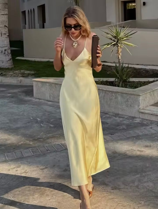 MINOA Satin V-Neck Spaghetti Strap Dresses