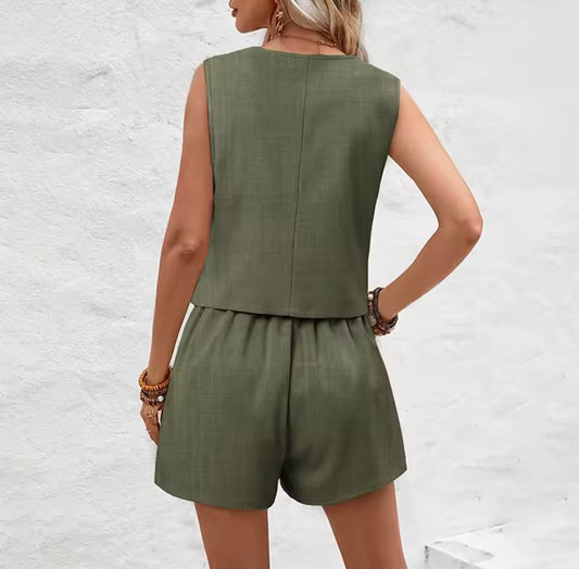 MINOA Elegant Solid Color Vest and Shorts Set