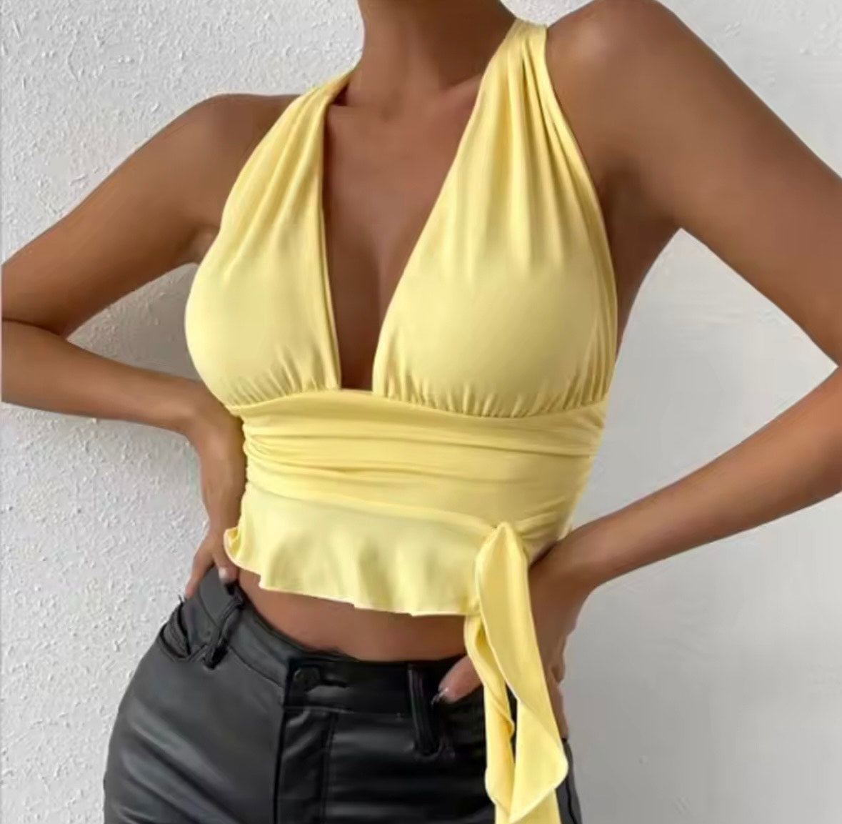 MINOA  Deep V-Neck Ruched Top