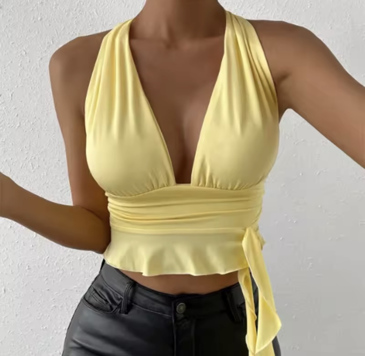 MINOA  Deep V-Neck Ruched Top