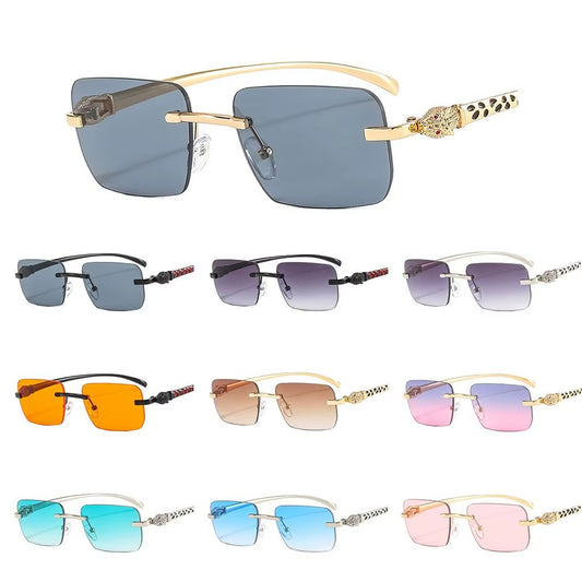 Gradient Leopard Head Decorated Sunglasses Rimless Rectangular Sun Glasses for Women Street Shooting Eyewear UV Protection