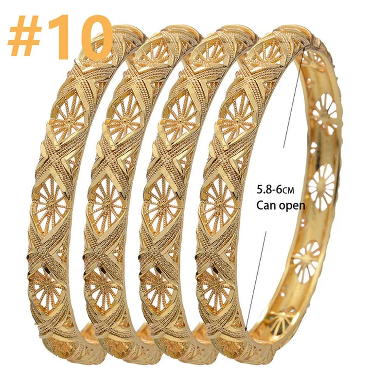 4Pcs/Lot Dubai Gold Color Plated Bracelet Flowers African Bridal Luck Bamboo Bangles for Women Wedding Jewelery Gifts