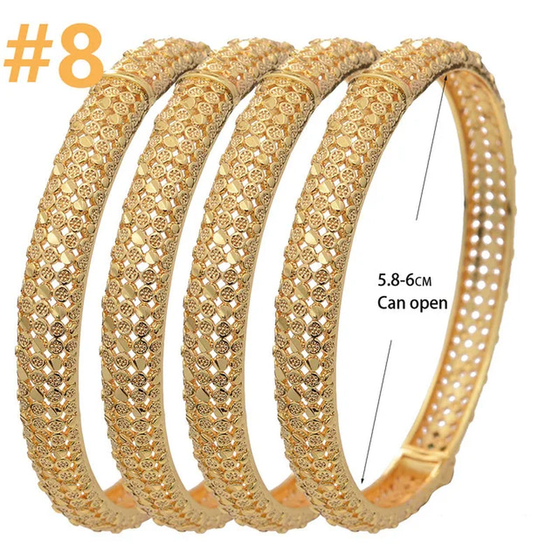 4Pcs/Lot Dubai Gold Color Plated Bracelet Flowers African Bridal Luck Bamboo Bangles for Women Wedding Jewelery Gifts