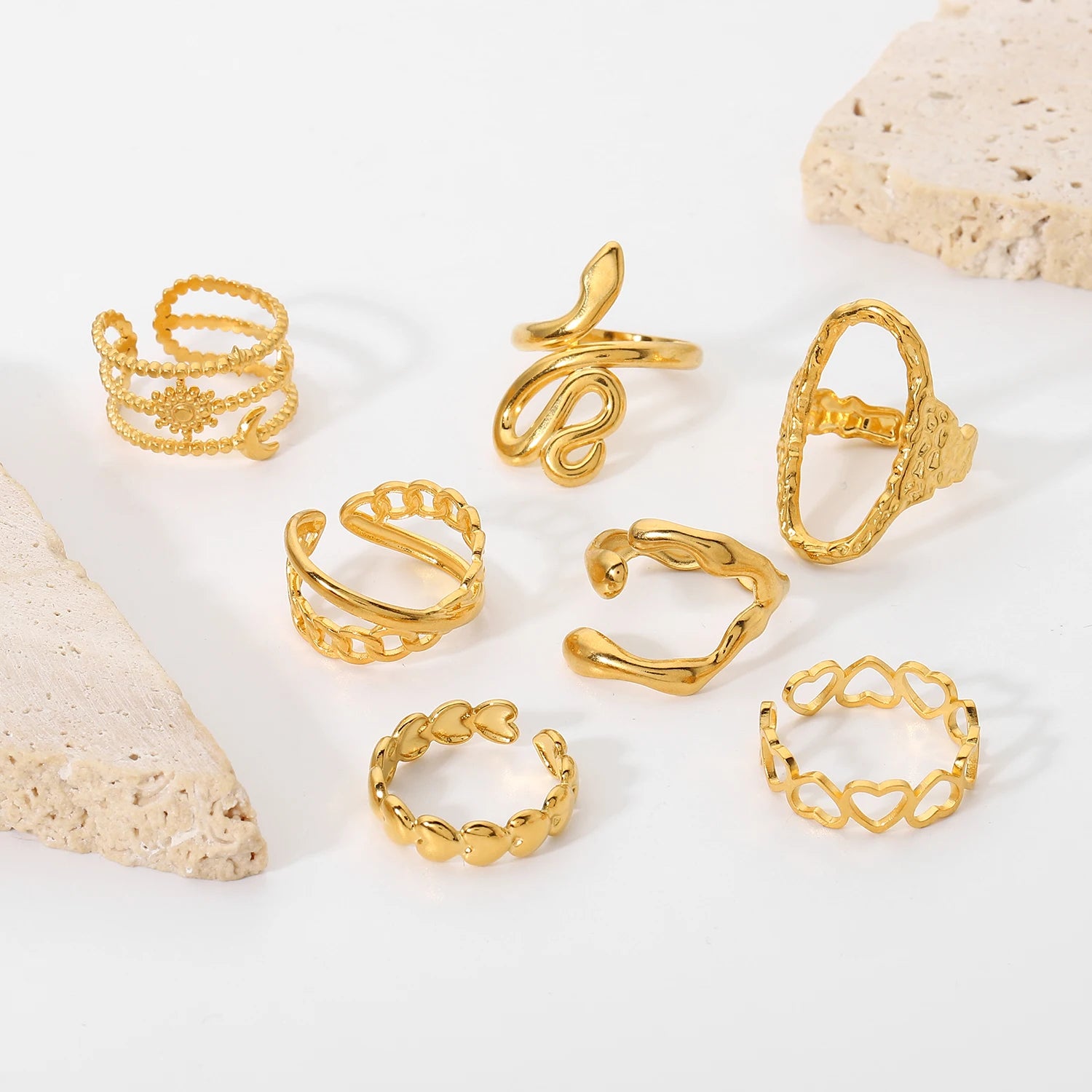 18K Gold Plated Stainless Steel Geometric Heart Snake Shape Finger Rings for Women Adjustable Open Design Jewelry Rings