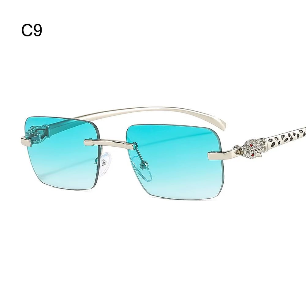 Gradient Leopard Head Decorated Sunglasses Rimless Rectangular Sun Glasses for Women Street Shooting Eyewear UV Protection