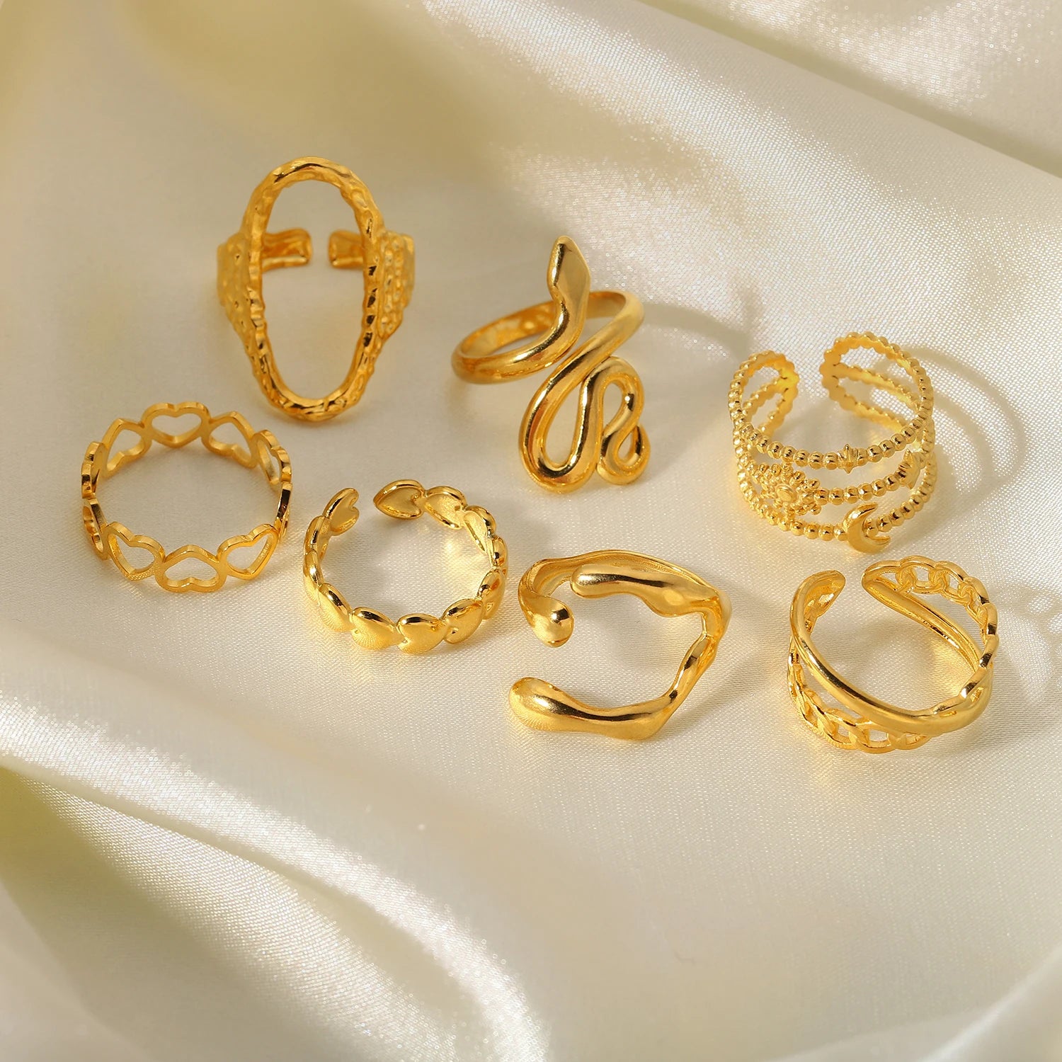 18K Gold Plated Stainless Steel Geometric Heart Snake Shape Finger Rings for Women Adjustable Open Design Jewelry Rings