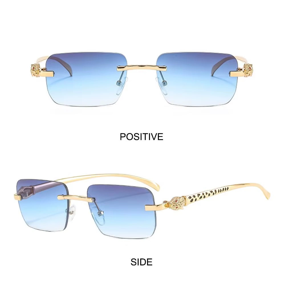 Gradient Leopard Head Decorated Sunglasses Rimless Rectangular Sun Glasses for Women Street Shooting Eyewear UV Protection