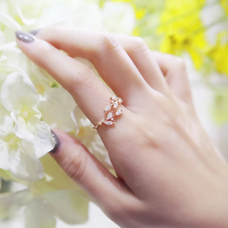 Exquisite Branch Adjustable Rings for Women Paved Dazzling CZ Stone Daily Wear Fashion Girls Finger Jewelry Birthday Gift